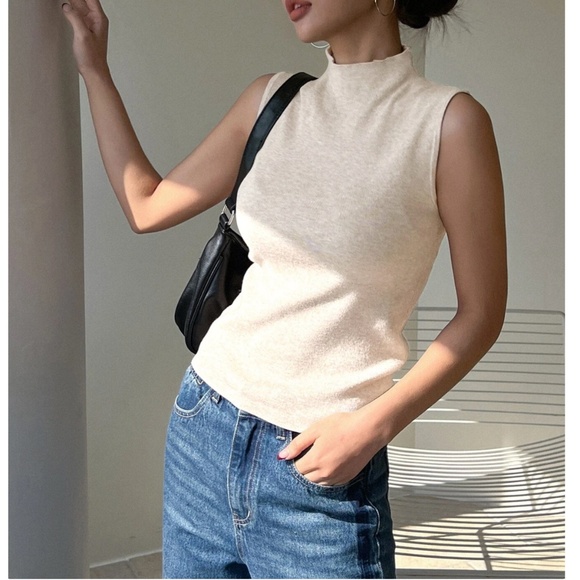 Knit High Neck Beige Sleeveless Top - Picture 3 of 7